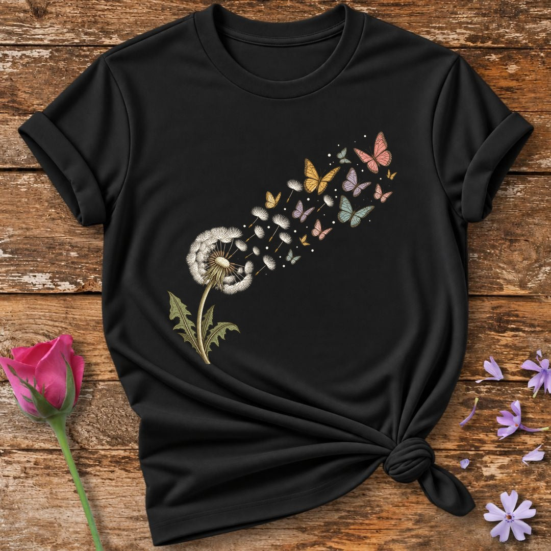 Dandelion Wishes Into Butterflies — Watercolor Botanical T-Shirt for Women in Black