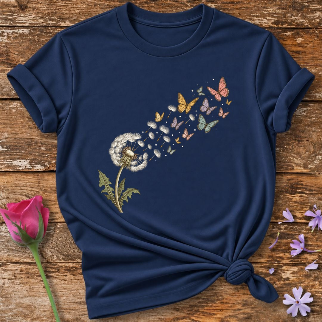 Dandelion Wishes Into Butterflies — Watercolor Botanical T-Shirt for Women in Navy