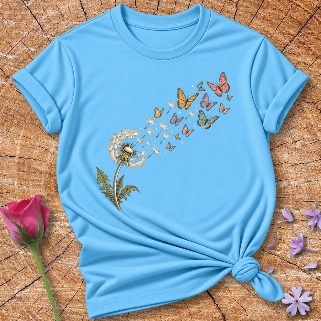Dandelion Wishes Into Butterflies — Watercolor Botanical T-Shirt for Women in Sky