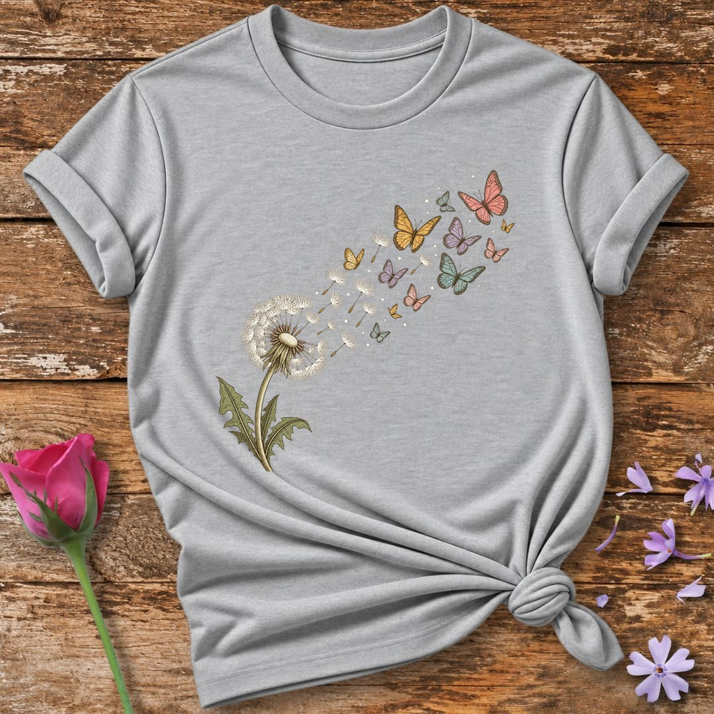 Dandelion Wishes Into Butterflies — Watercolor Botanical T-Shirt for Women in Sport Grey