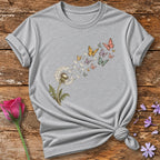 Dandelion Wishes Into Butterflies — Watercolor Botanical T-Shirt for Women in Sport Grey