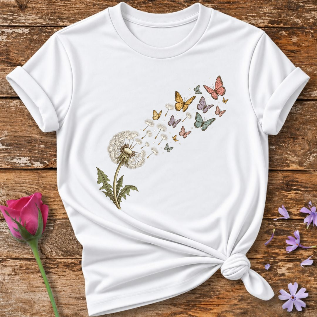 Dandelion Wishes Into Butterflies — Watercolor Botanical T-Shirt for Women in White