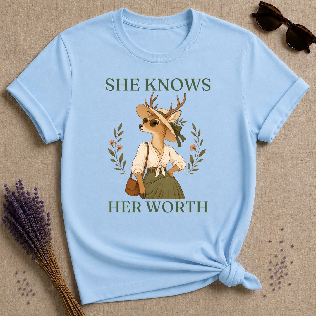 Deer She Knows Her Worth T-Shirt - Light Blue