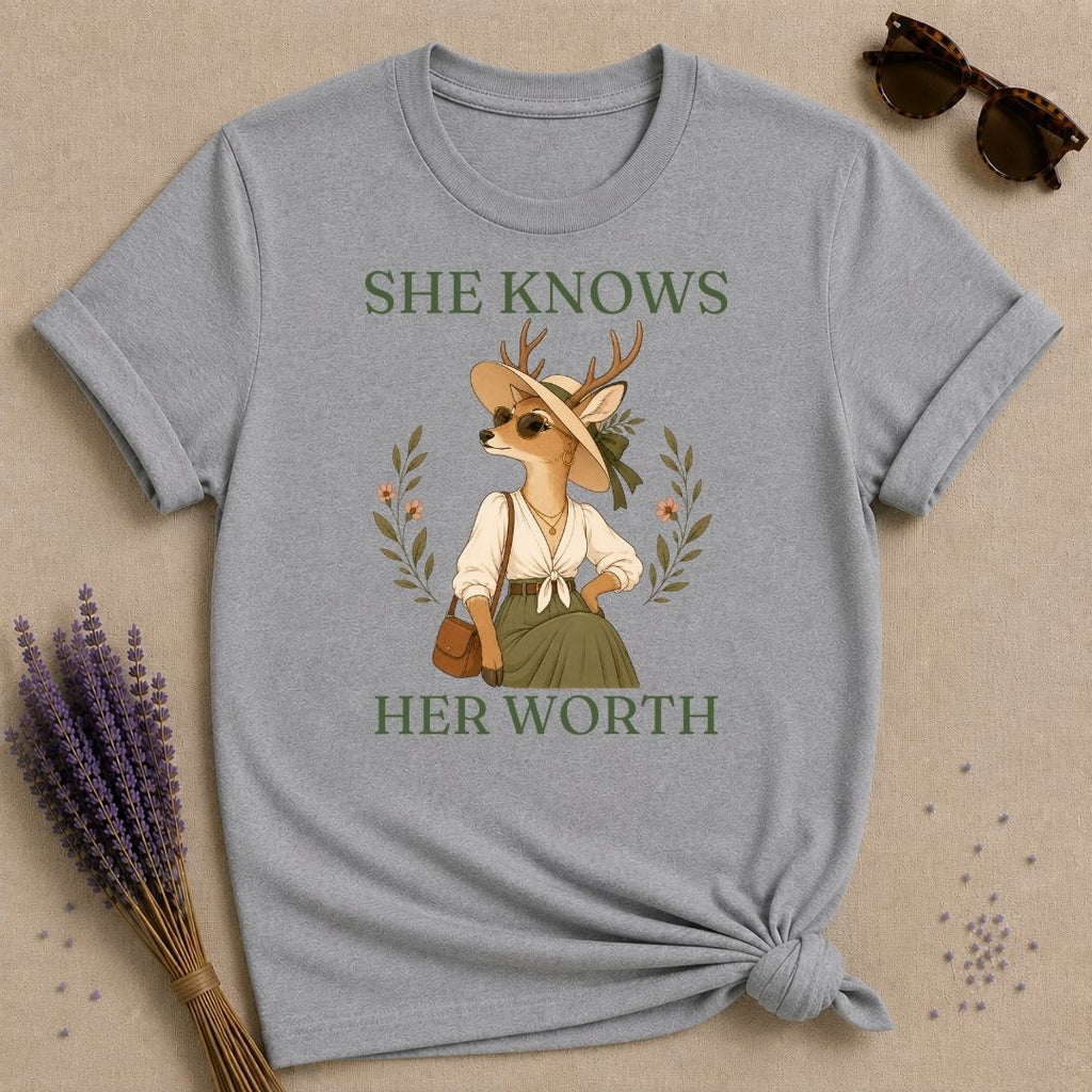 Deer She Knows Her Worth T-Shirt - Sport Grey