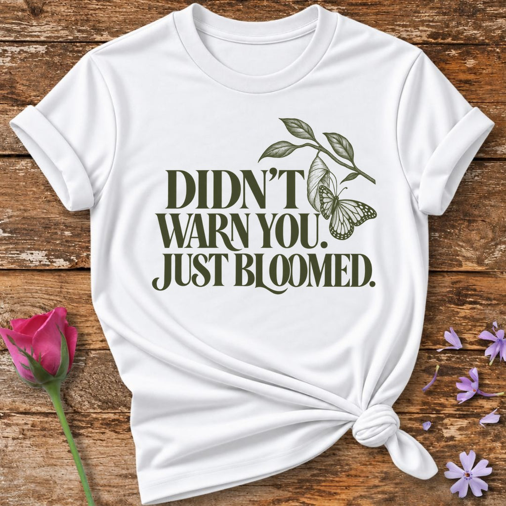 Didn't Warn You Just Bloomed — Line Art Butterfly T-Shirt for Women in White