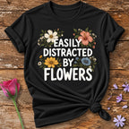 Easily Distracted By Flowers — Vintage Botanical T-Shirt for Women in Black