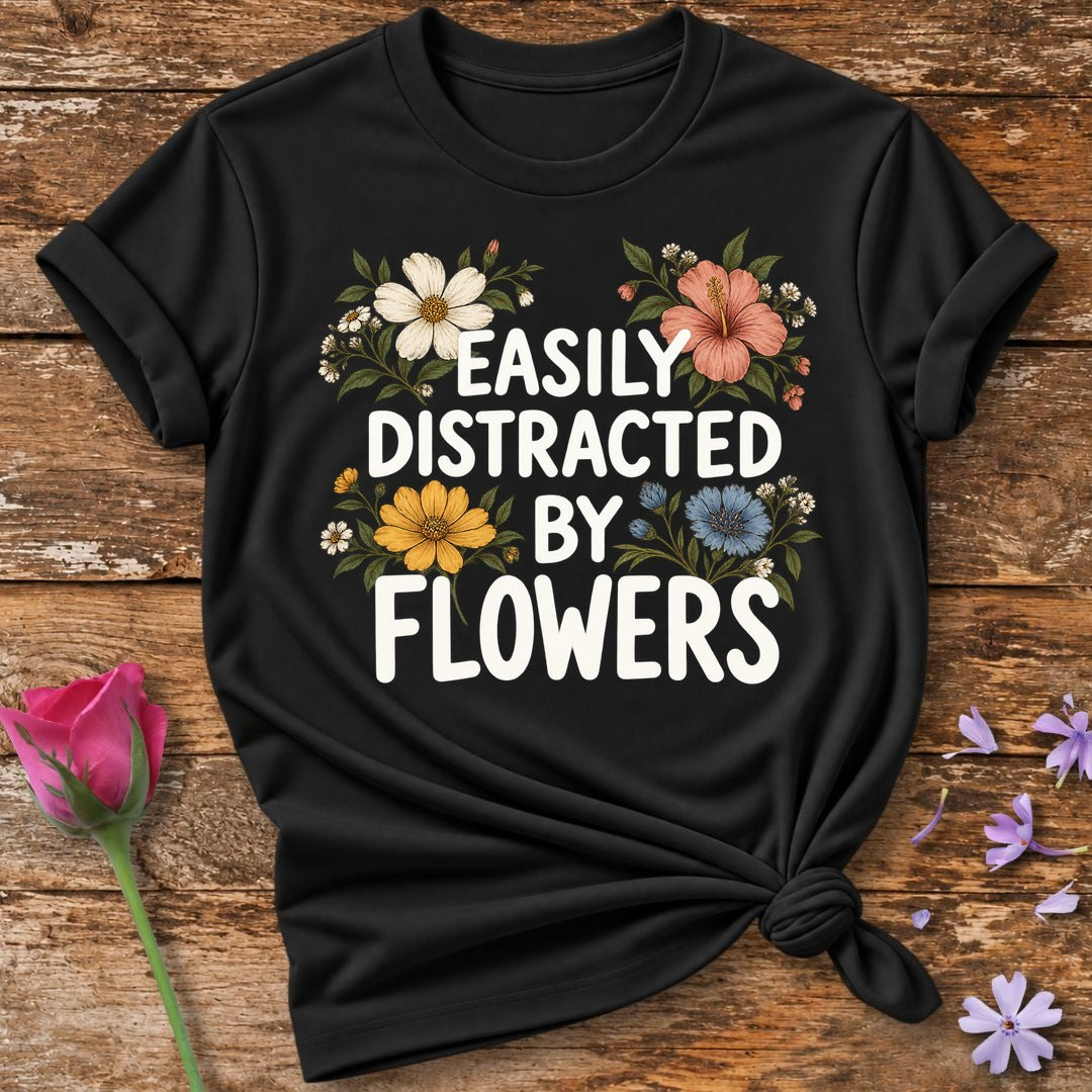 Easily Distracted By Flowers — Vintage Botanical T-Shirt for Women in Black