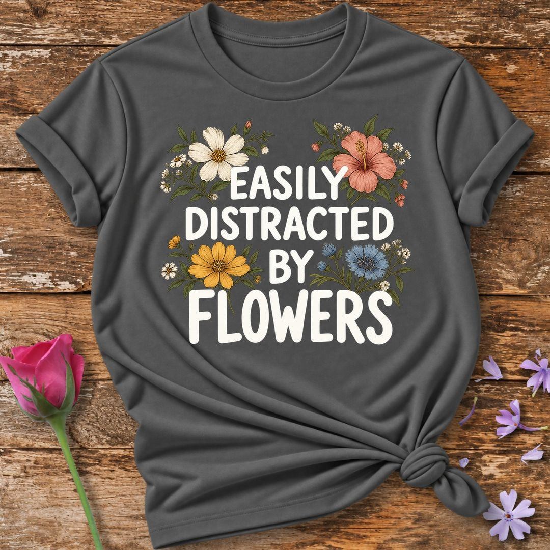 Easily Distracted By Flowers — Vintage Botanical T-Shirt for Women in Charcoal