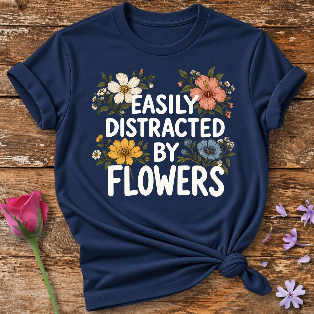Easily Distracted By Flowers — Vintage Botanical T-Shirt for Women in Navy