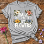 Easily Distracted By Flowers — Vintage Botanical T-Shirt for Women in Sport Grey