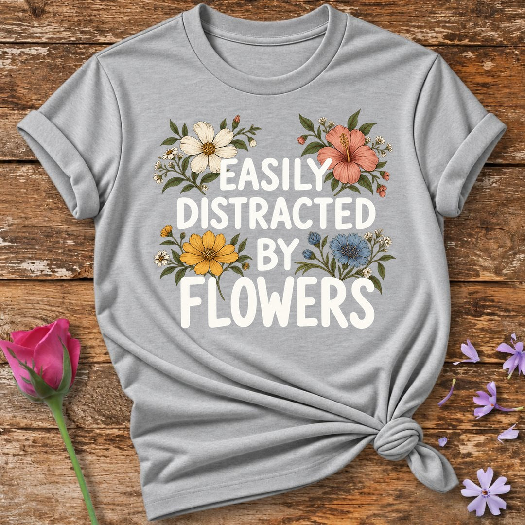 Easily Distracted By Flowers — Vintage Botanical T-Shirt for Women in Sport Grey