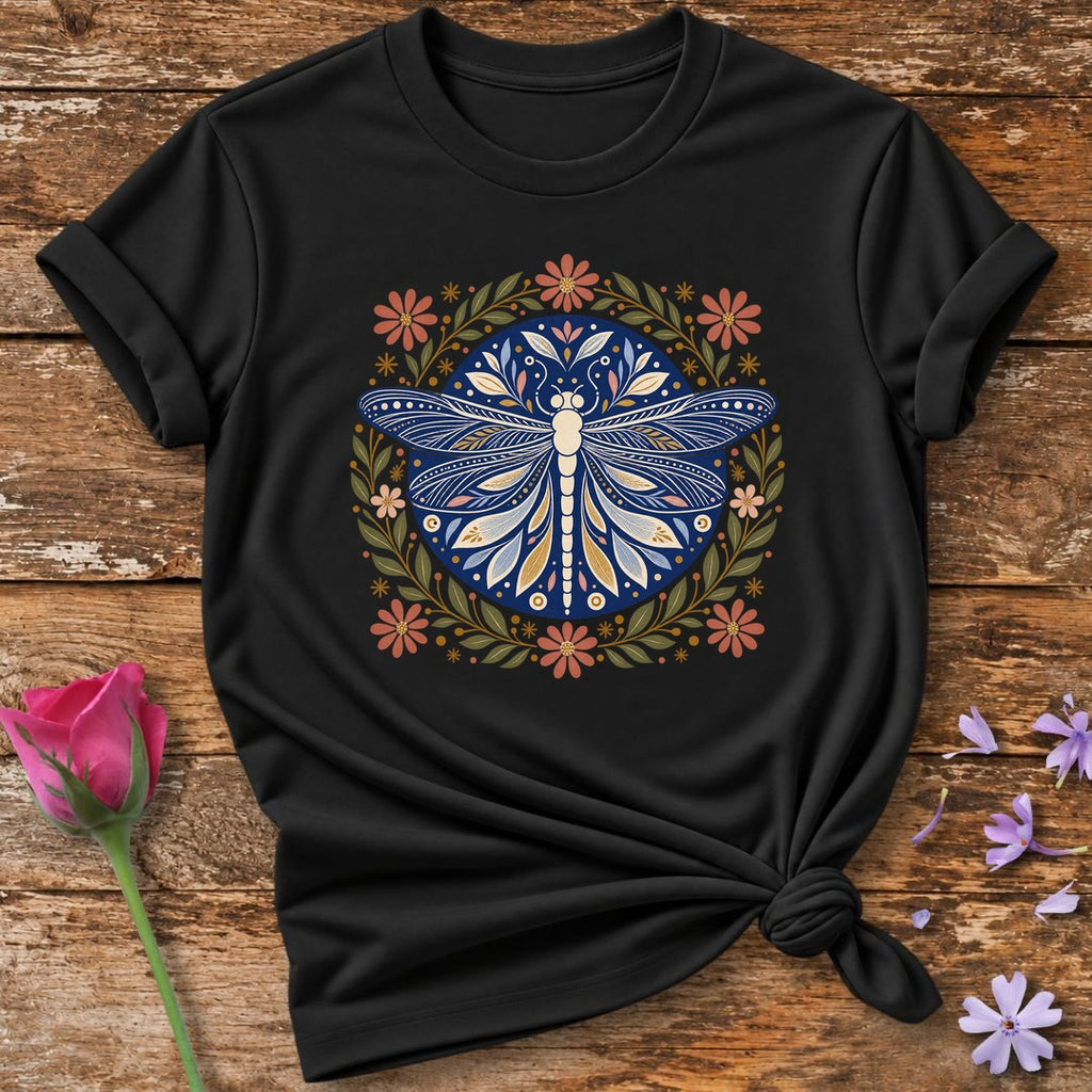 Dragonfly Mandala Folk T-Shirt in Black