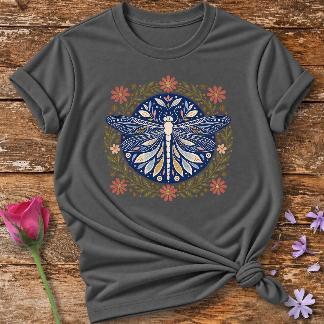 Dragonfly Mandala Folk T-Shirt in Charcoal