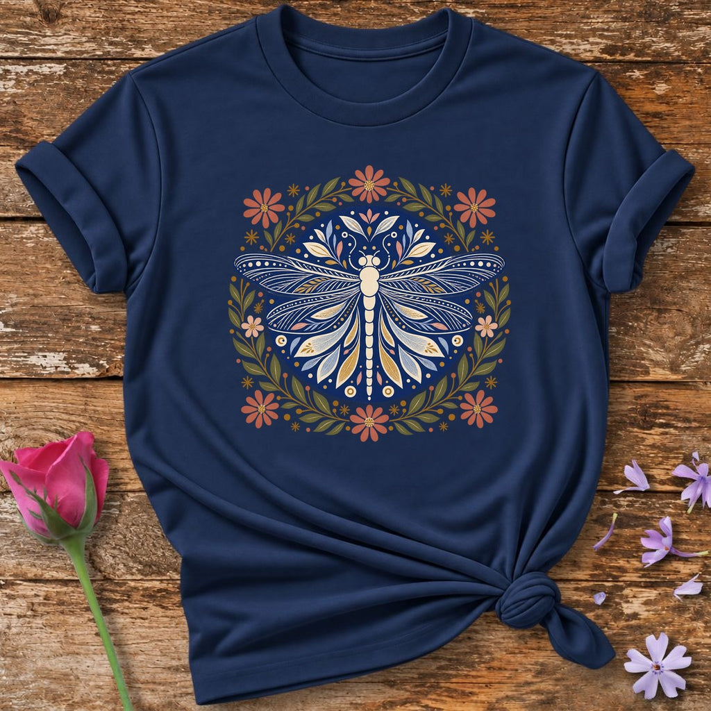 Dragonfly Mandala Folk T-Shirt in Navy