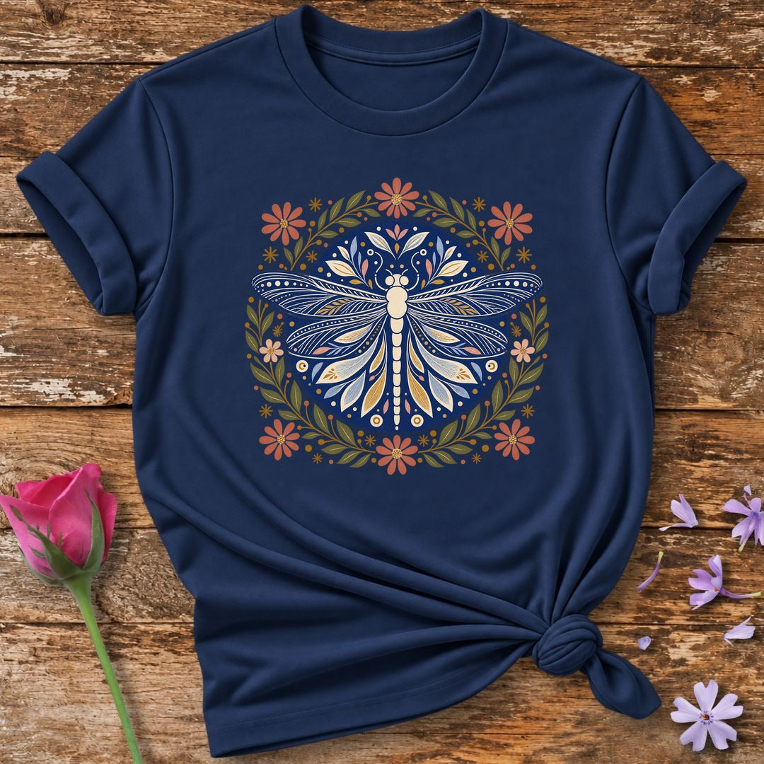 Dragonfly Mandala Folk T-Shirt in Navy