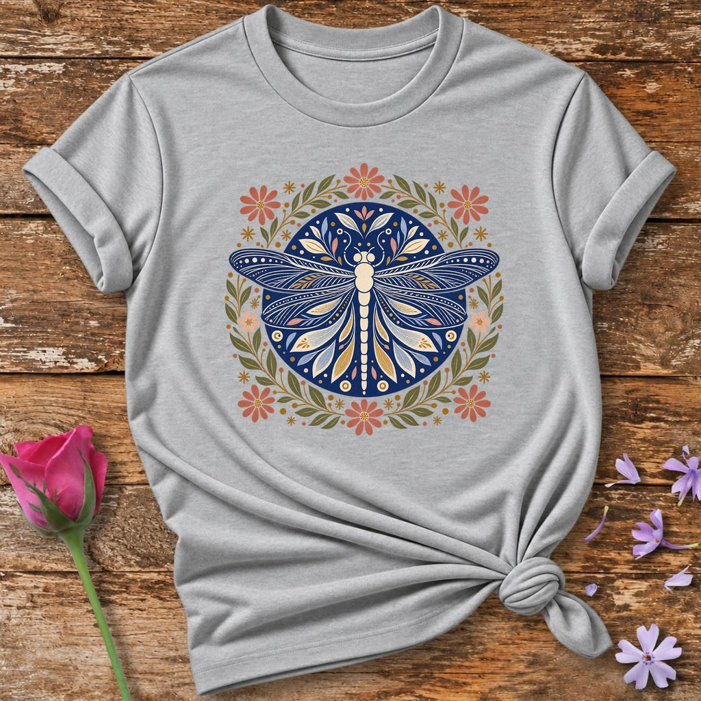 Dragonfly Mandala Folk T-Shirt in Sport Grey
