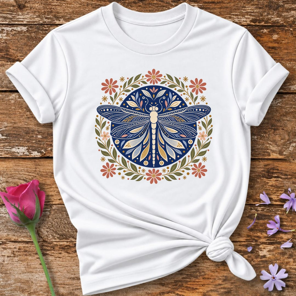Dragonfly Mandala Folk T-Shirt in White