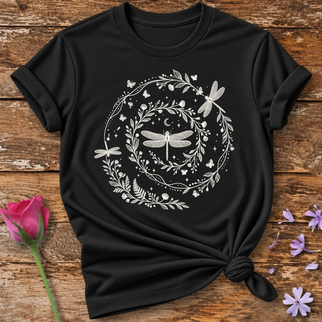 Dragonfly Wreath Celestial T-Shirt in Black