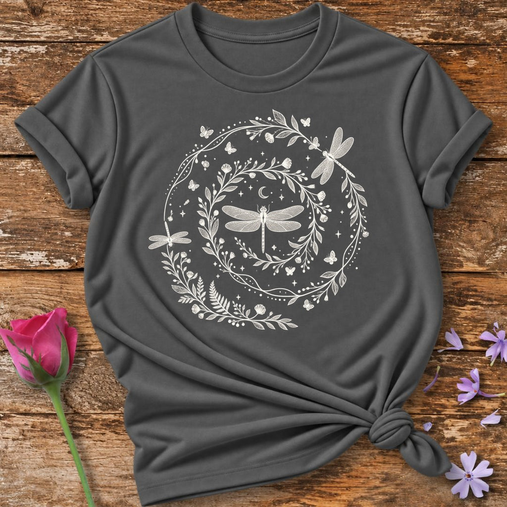 Dragonfly Wreath Celestial T-Shirt in Charcoal