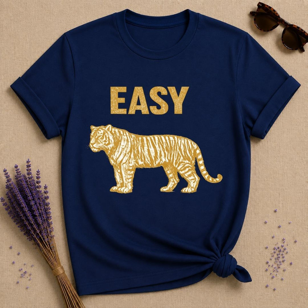Easy — Vintage Gold Tiger Bold Statement T-Shirt for Women in Navy