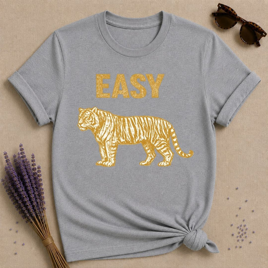 Easy — Vintage Gold Tiger Bold Statement T-Shirt for Women in Sport Grey