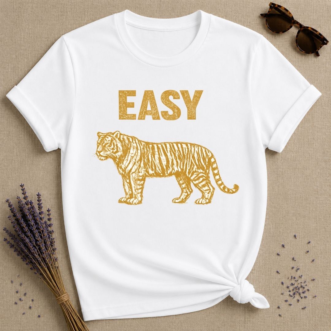 Easy — Vintage Gold Tiger Bold Statement T-Shirt for Women in White