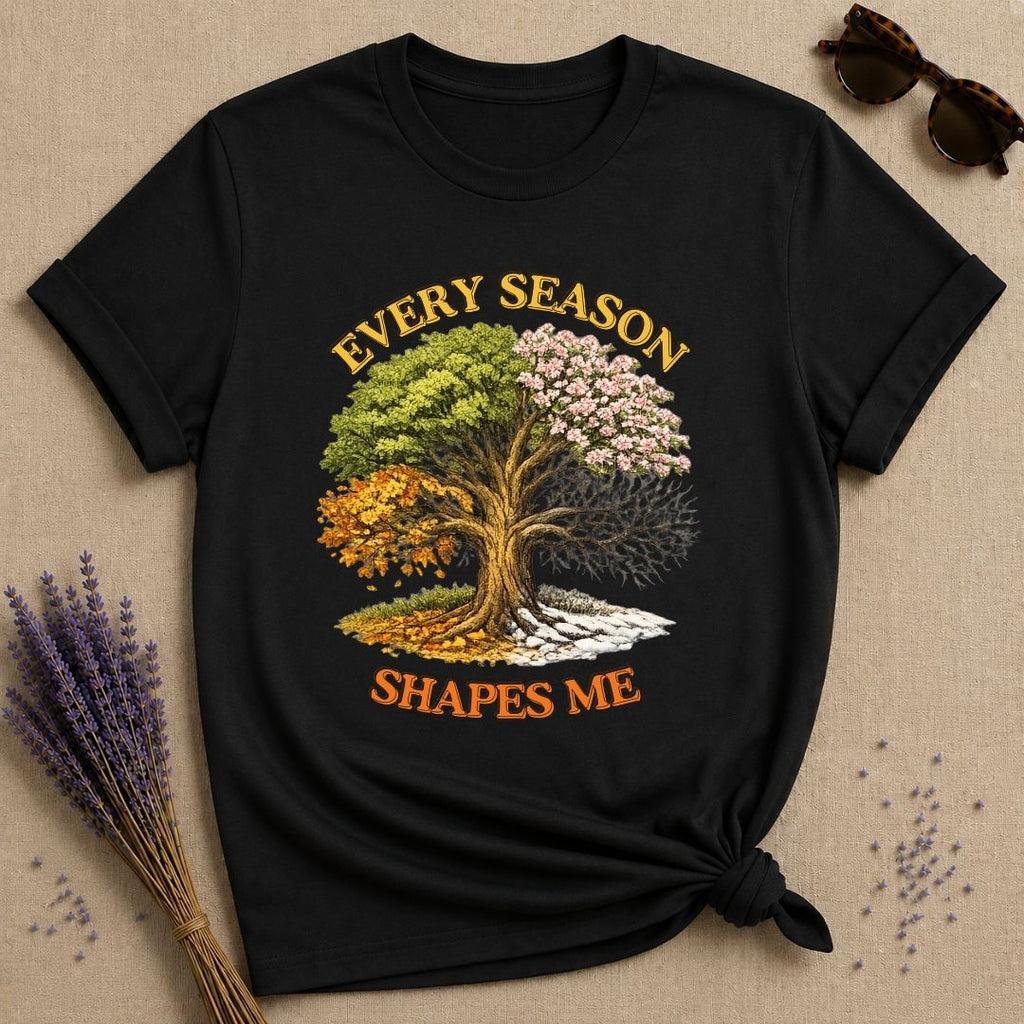 Every Season Shapes Me — Four Seasons Tree Botanical T-Shirt for Women in Black