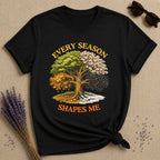 Every Season Shapes Me — Four Seasons Tree Botanical T-Shirt for Women in Black