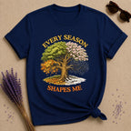 Every Season Shapes Me — Four Seasons Tree Botanical T-Shirt for Women in Navy