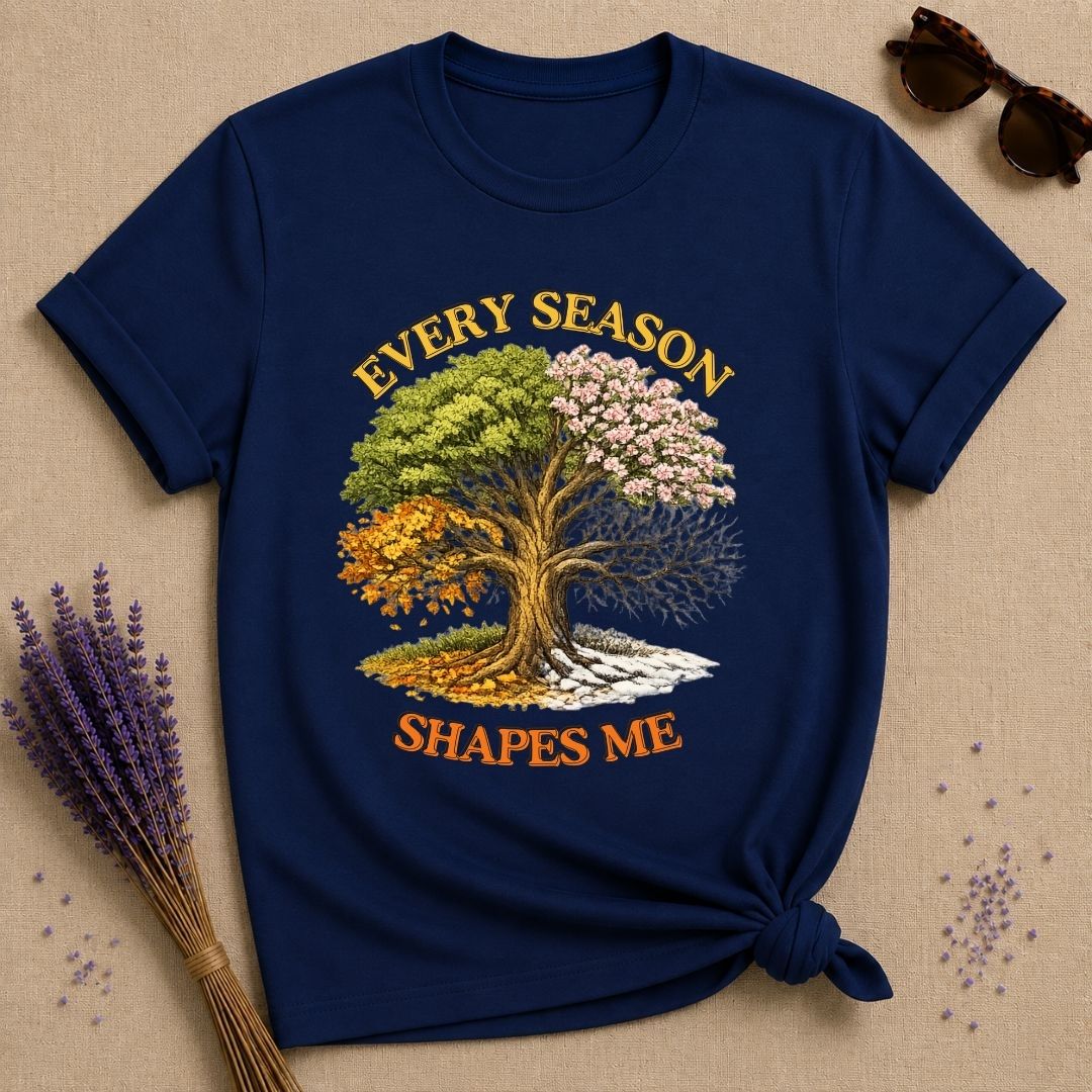 Every Season Shapes Me — Four Seasons Tree Botanical T-Shirt for Women in Navy