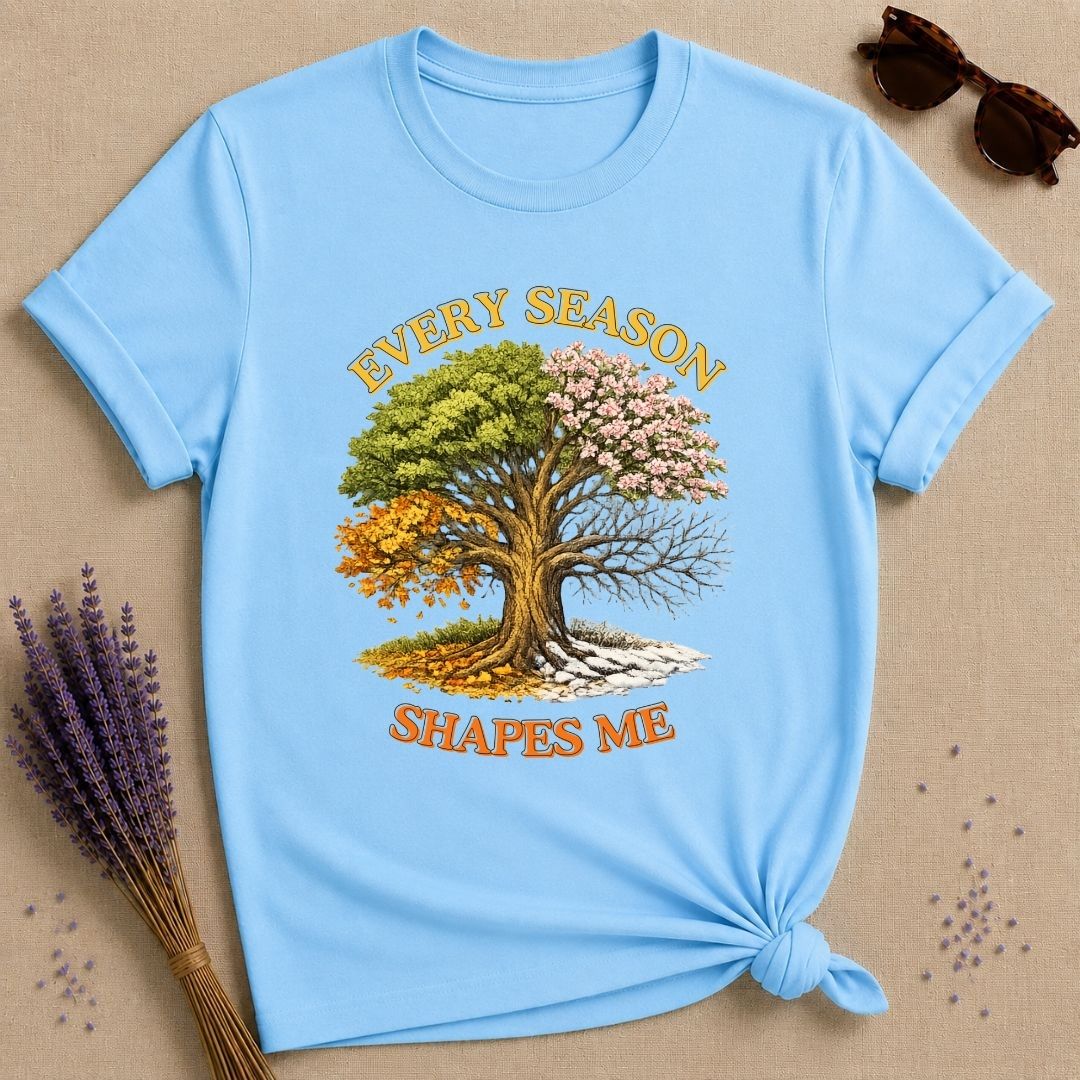 Every Season Shapes Me — Four Seasons Tree Botanical T-Shirt for Women in Sky