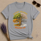 Every Season Shapes Me — Four Seasons Tree Botanical T-Shirt for Women in Sport Grey