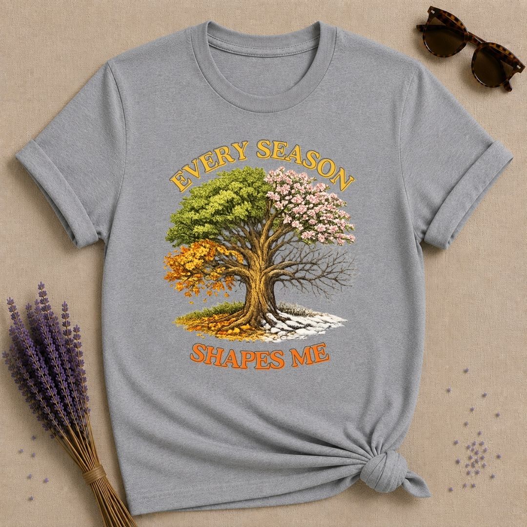 Every Season Shapes Me — Four Seasons Tree Botanical T-Shirt for Women in Sport Grey