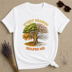 Every Season Shapes Me — Four Seasons Tree Botanical T-Shirt for Women in White