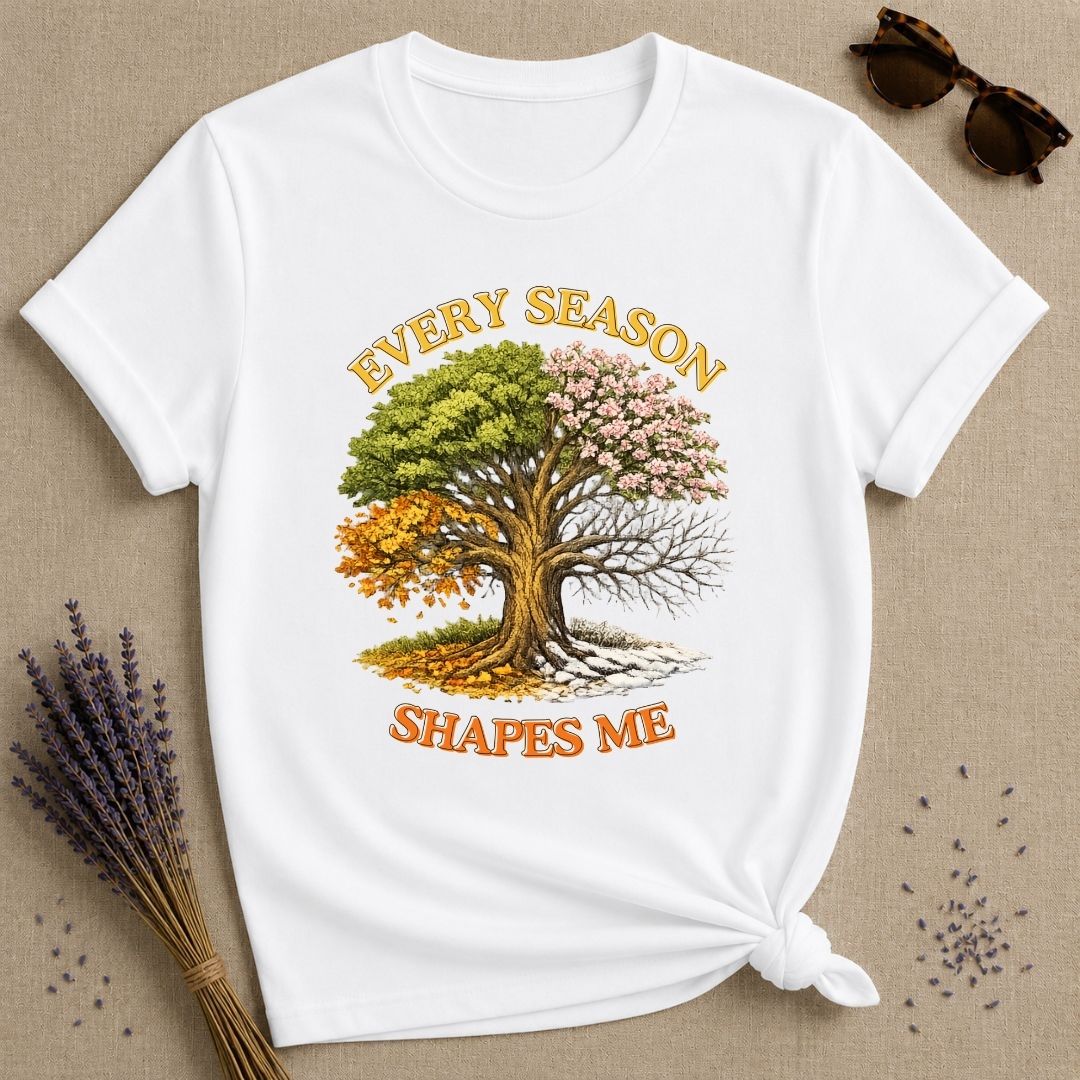 Every Season Shapes Me — Four Seasons Tree Botanical T-Shirt for Women in White