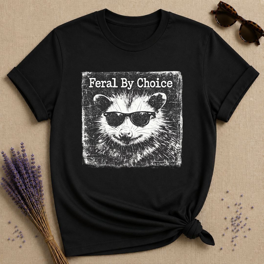 Feral By Choice — Vintage Raccoon Sticker Graphic T-Shirt for Women in Black
