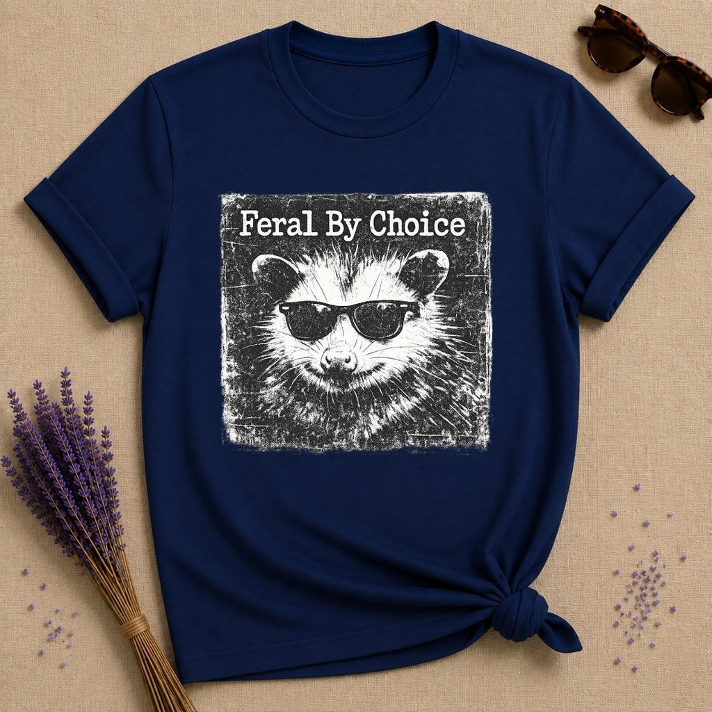 Feral By Choice — Vintage Raccoon Sticker Graphic T-Shirt for Women in Navy