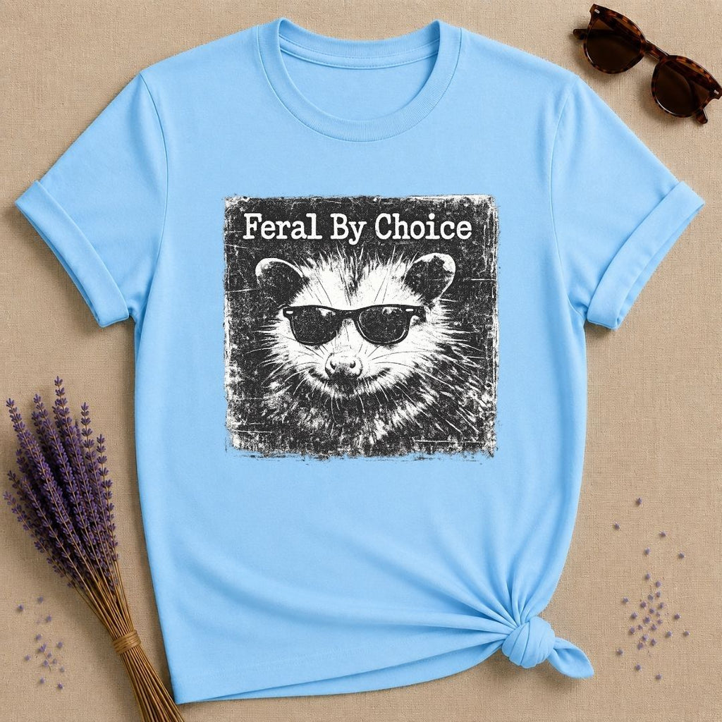 Feral By Choice — Vintage Raccoon Sticker Graphic T-Shirt for Women in Sky