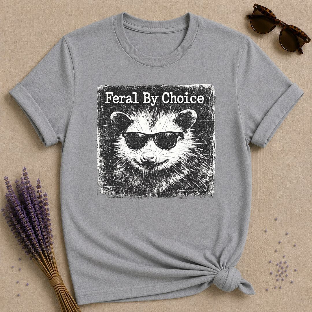 Feral By Choice — Vintage Raccoon Sticker Graphic T-Shirt for Women in Sport Grey