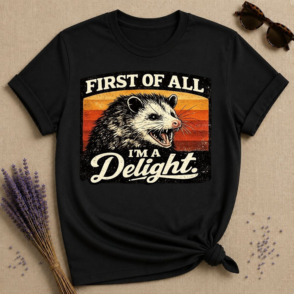 First of All I’m a Delight — Washed Out Vintage Opossum T-Shirt for Women in Black