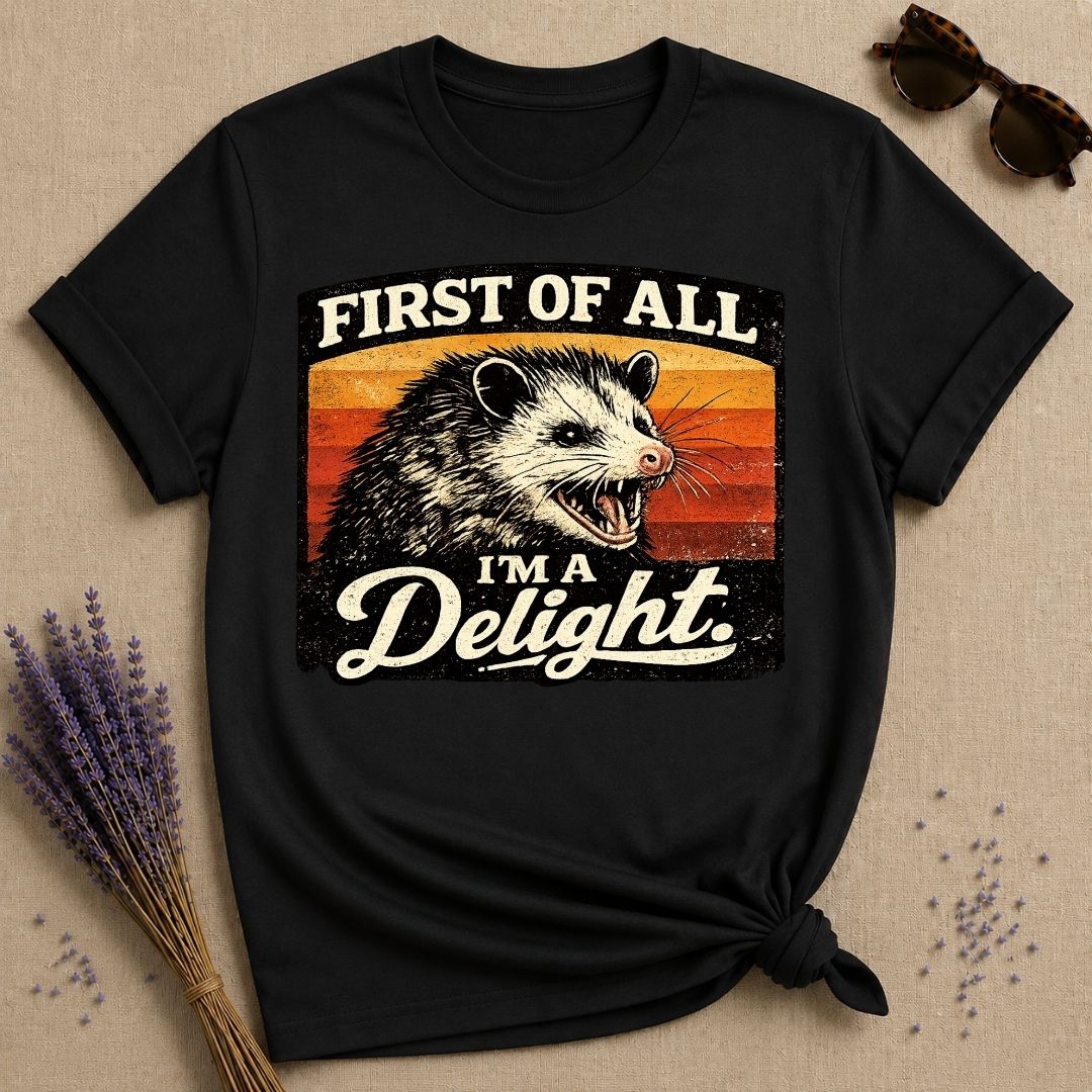 First of All I’m a Delight — Washed Out Vintage Opossum T-Shirt for Women in Black