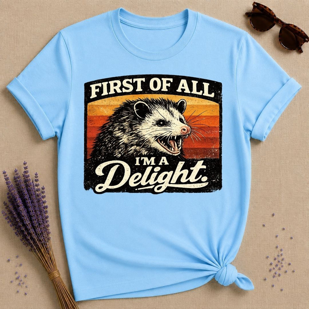 First of All I’m a Delight — Washed Out Vintage Opossum T-Shirt for Women in Sky