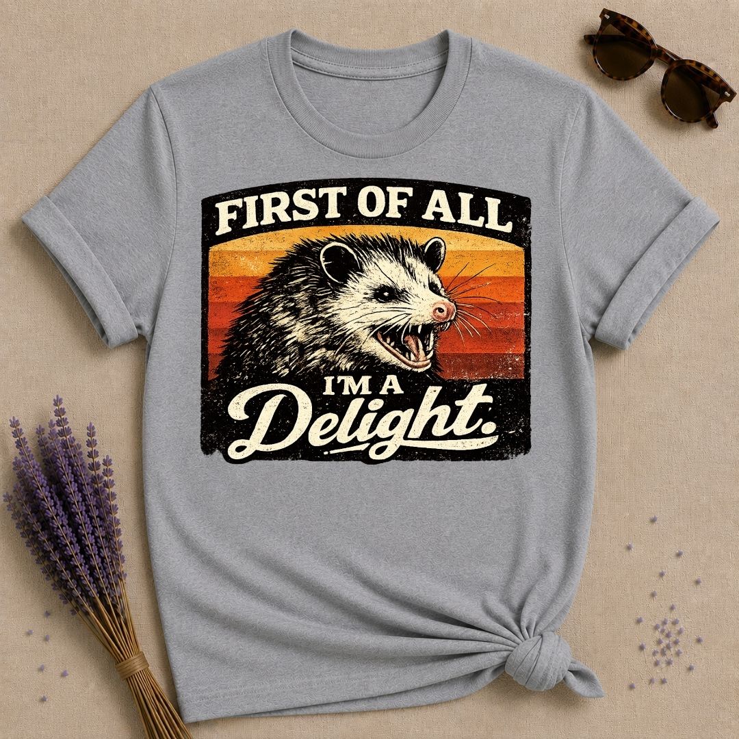 First of All I’m a Delight — Washed Out Vintage Opossum T-Shirt for Women in Sport Grey