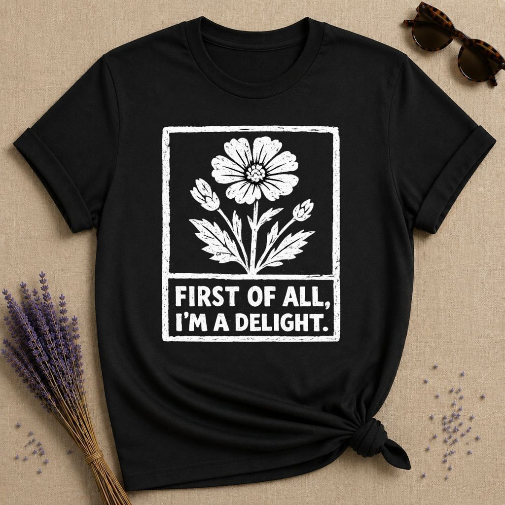 First of All I’m a Delight — Woodcut Wildflower Stamp T-Shirt for Women in Black