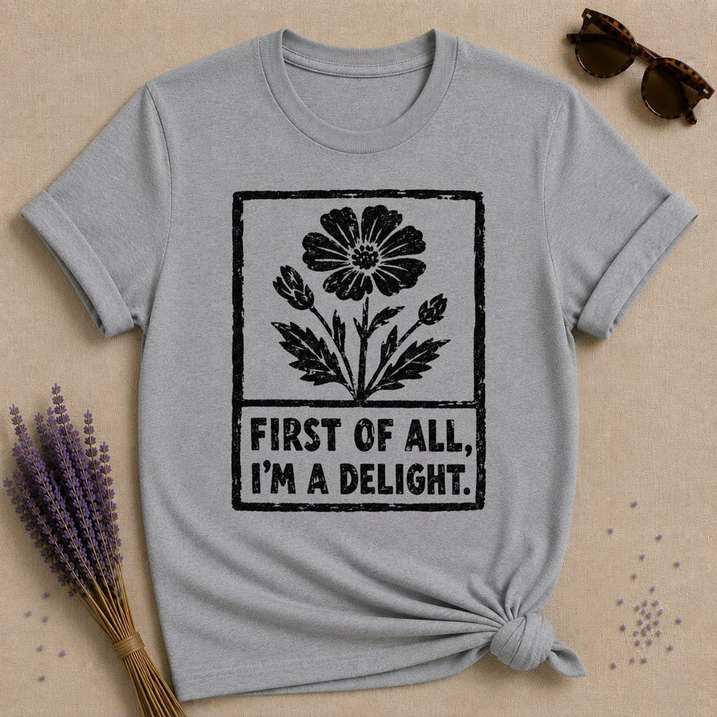 First of All I’m a Delight — Woodcut Wildflower Stamp T-Shirt for Women in Sport Grey