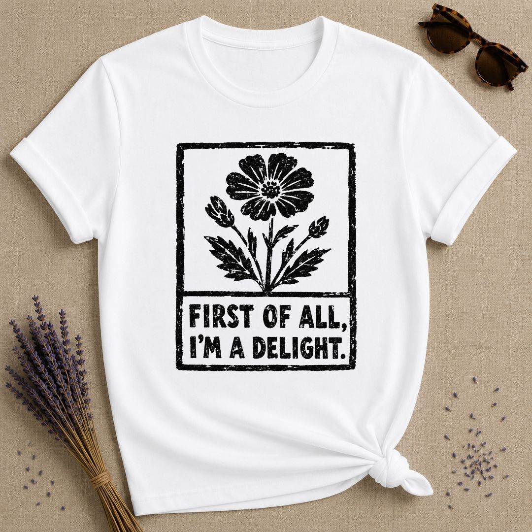First of All I’m a Delight — Woodcut Wildflower Stamp T-Shirt for Women in White