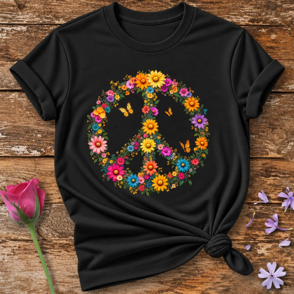 Floral Peace Sign T-Shirt in Black