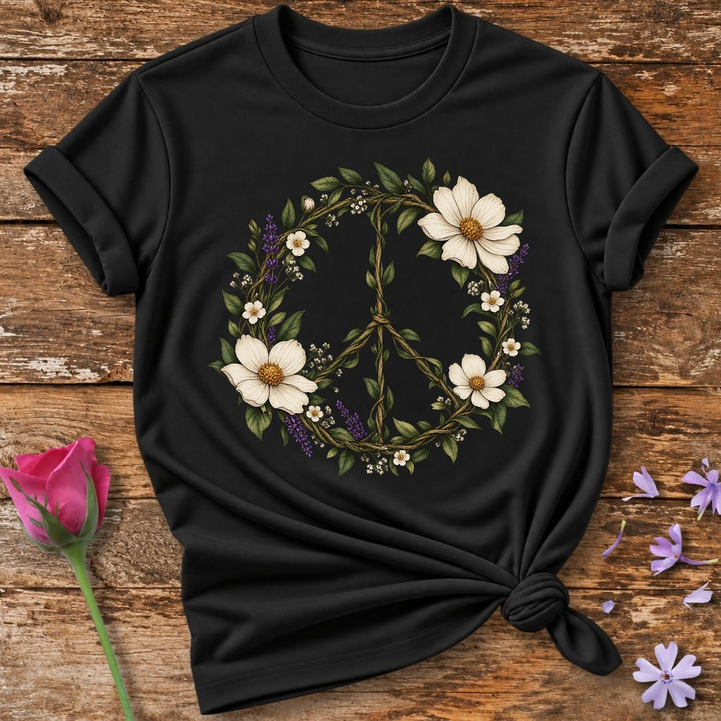 Floral Peace Sign — Botanical Vine Wreath T-Shirt for Women in Black