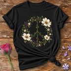 Floral Peace Sign — Botanical Vine Wreath T-Shirt for Women in Black