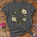 Floral Peace Sign — Botanical Vine Wreath T-Shirt for Women in Charcoal
